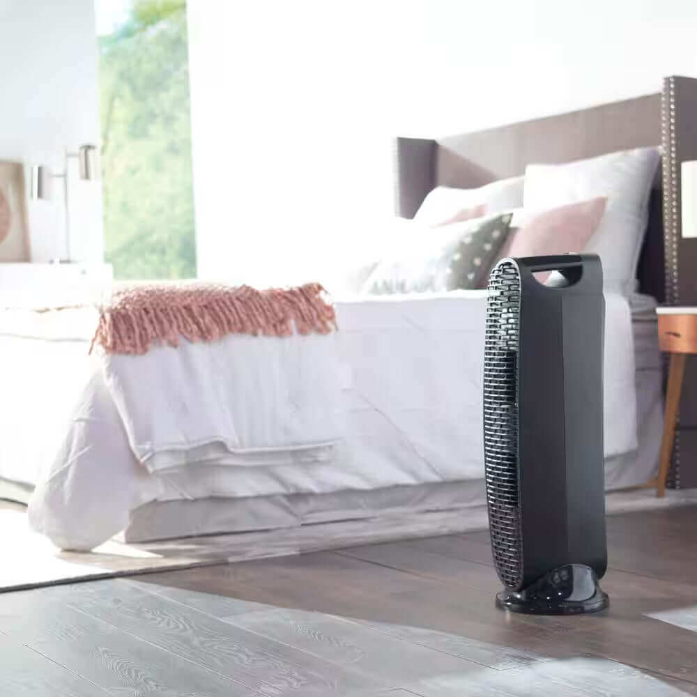 Tower air purifier, quiet for small to medium rooms, allergy relief, energy-saving.