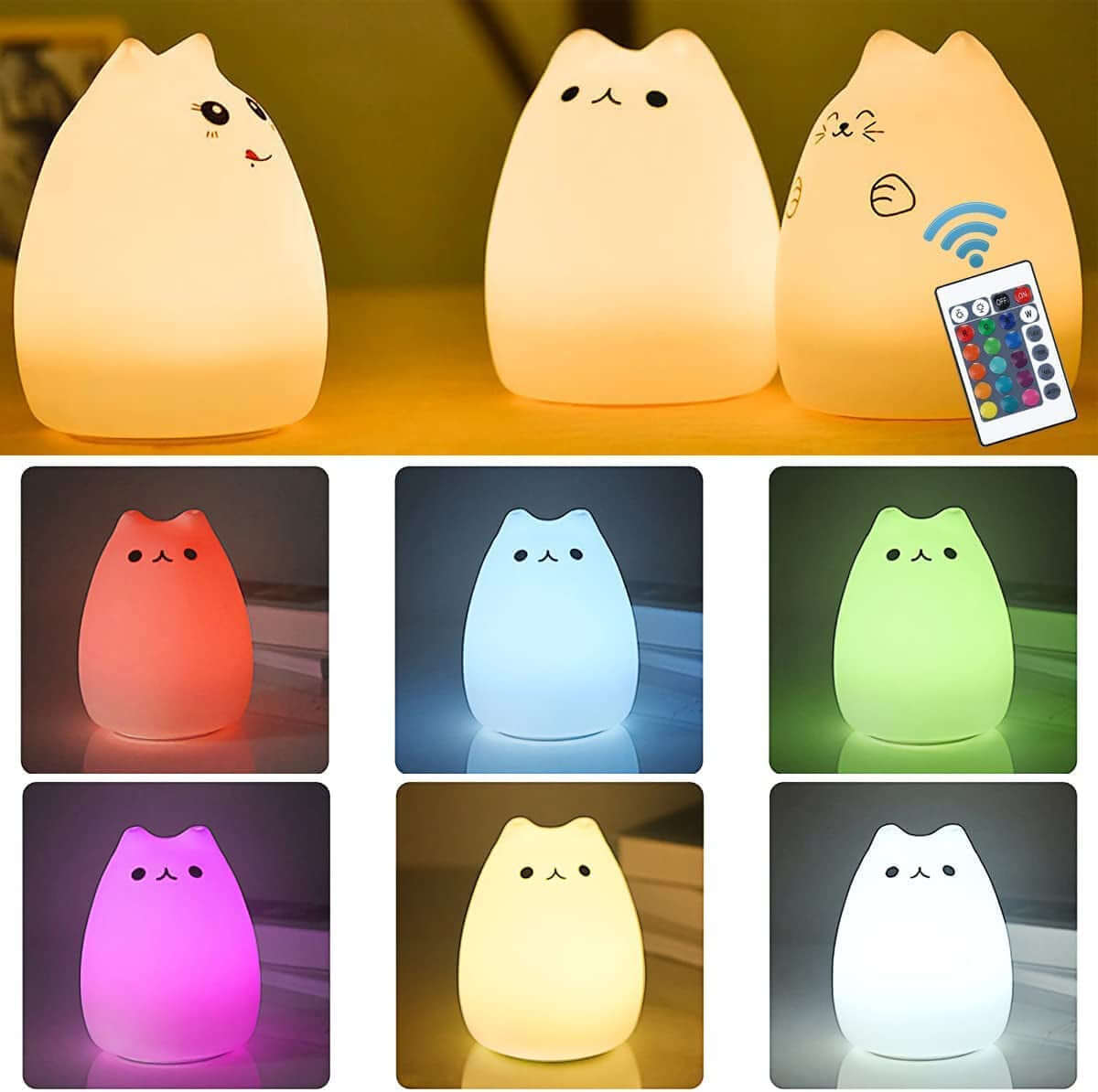 Cat Lamp,  Remote Control Silicone Kitty Night Light for Kids Toddler Baby Girls Rechargeable Cute Kawaii Nightlight , White , 4 Piece Set -  from PurelyFreshAir | Available at PurelyFreshAir