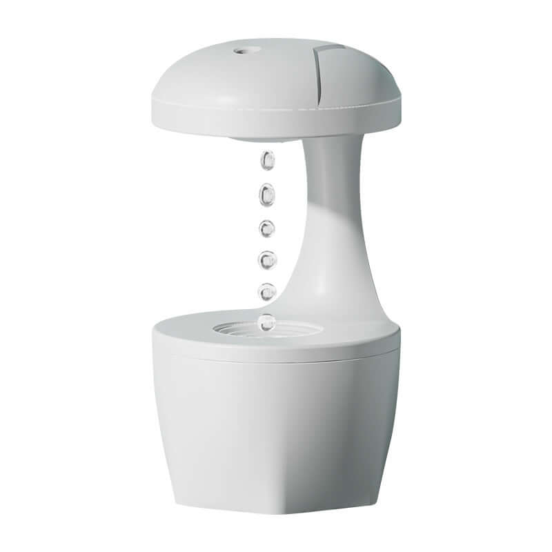 White anti-gravity humidifier with silent ultrasonic tech, minimalist design.