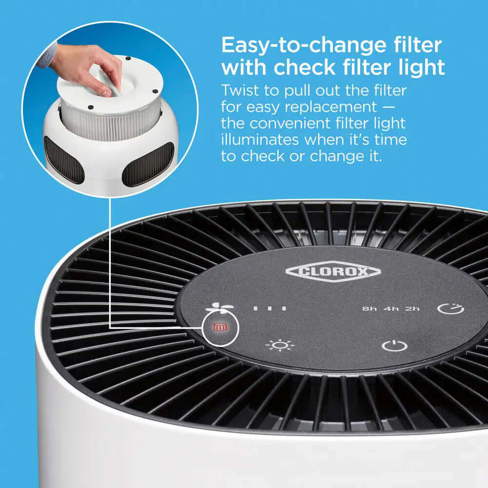 Compact air purifier with 90-degree rotation, HEPA filter, quiet operation.