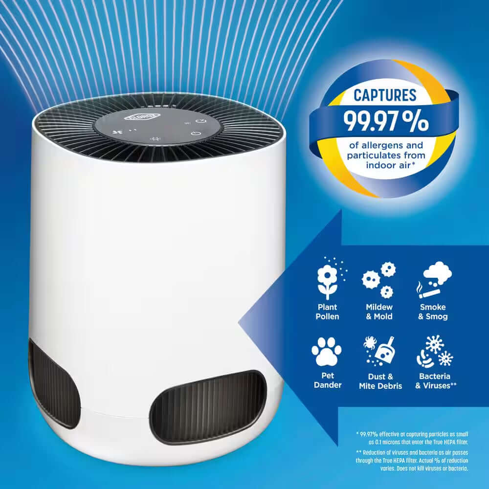 Compact air purifier with 90-degree rotation, HEPA filter, quiet operation.