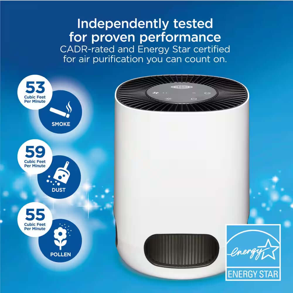 Compact air purifier with 90-degree rotation, HEPA filter, quiet operation.