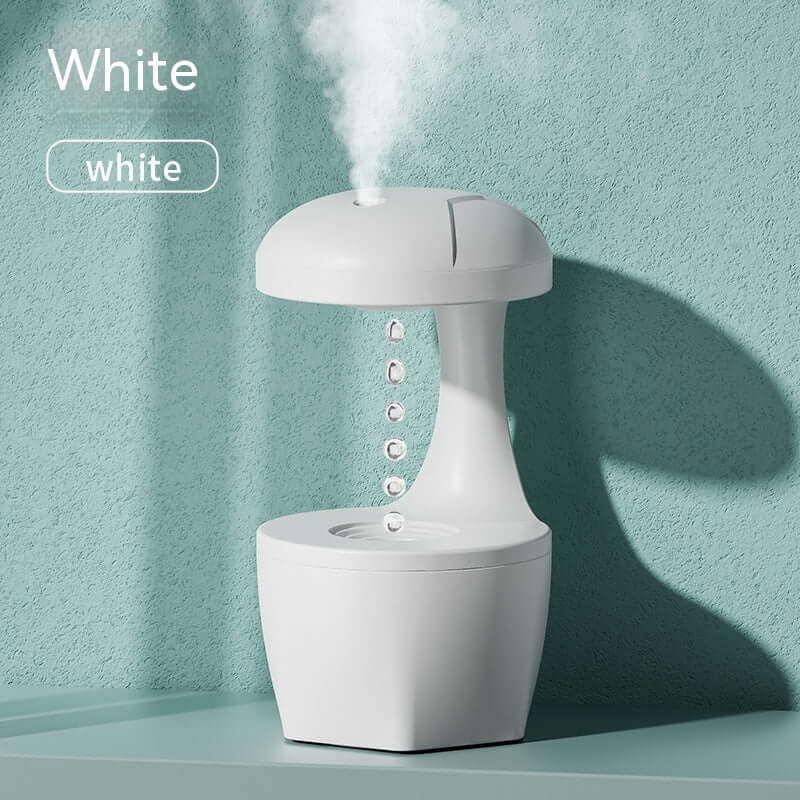 White anti-gravity humidifier with silent ultrasonic tech, minimalist design.