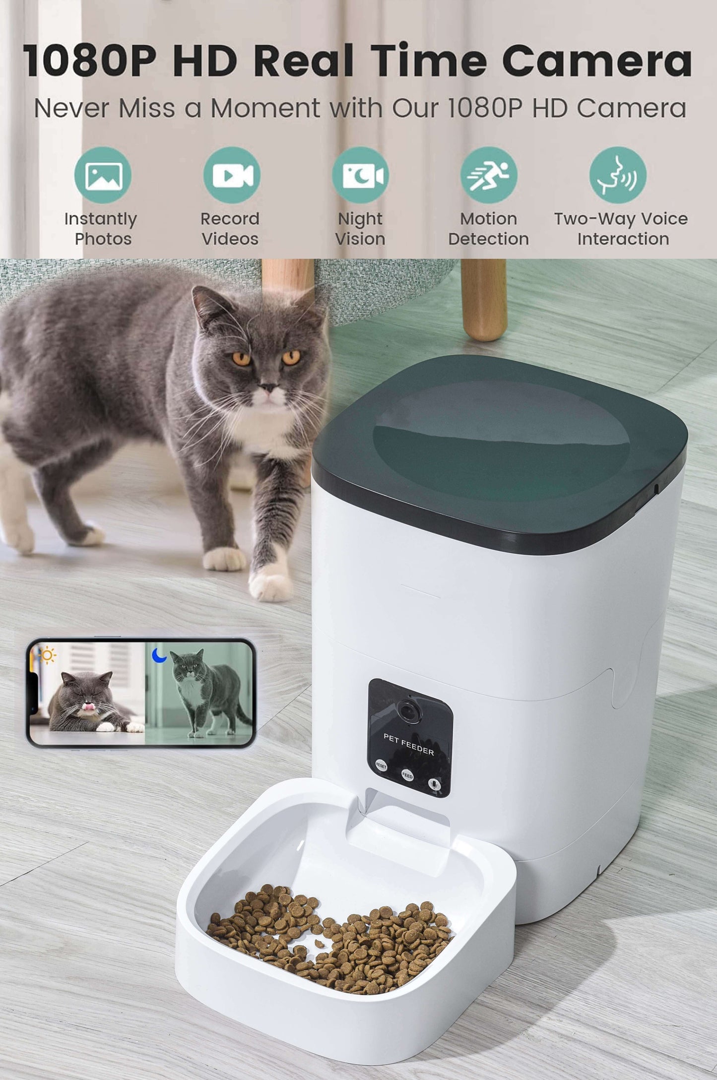 Pet Feeder,6L Automatic Pet Feeder for Cats and Dogs,1080P Camera,App Control,Voice Recorder,Timed Feeder for Schedule Feeding, Dual Power Supply,Wifi Pet Food Dispenser with App Control -  from PurelyFreshAir | Available at PurelyFreshAir